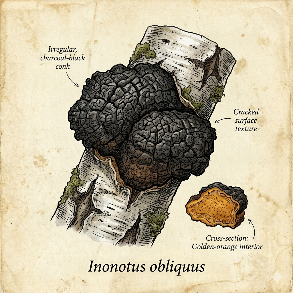 Botanical illustration of Chaga mushroom